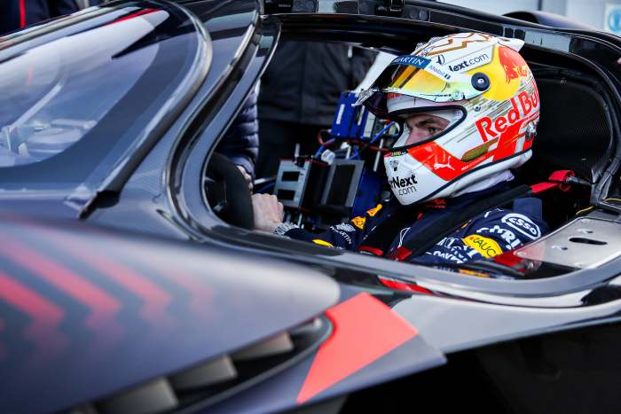 Verstappen behind the wheel of the Aston Martin Valkyrie at Silverstone ...